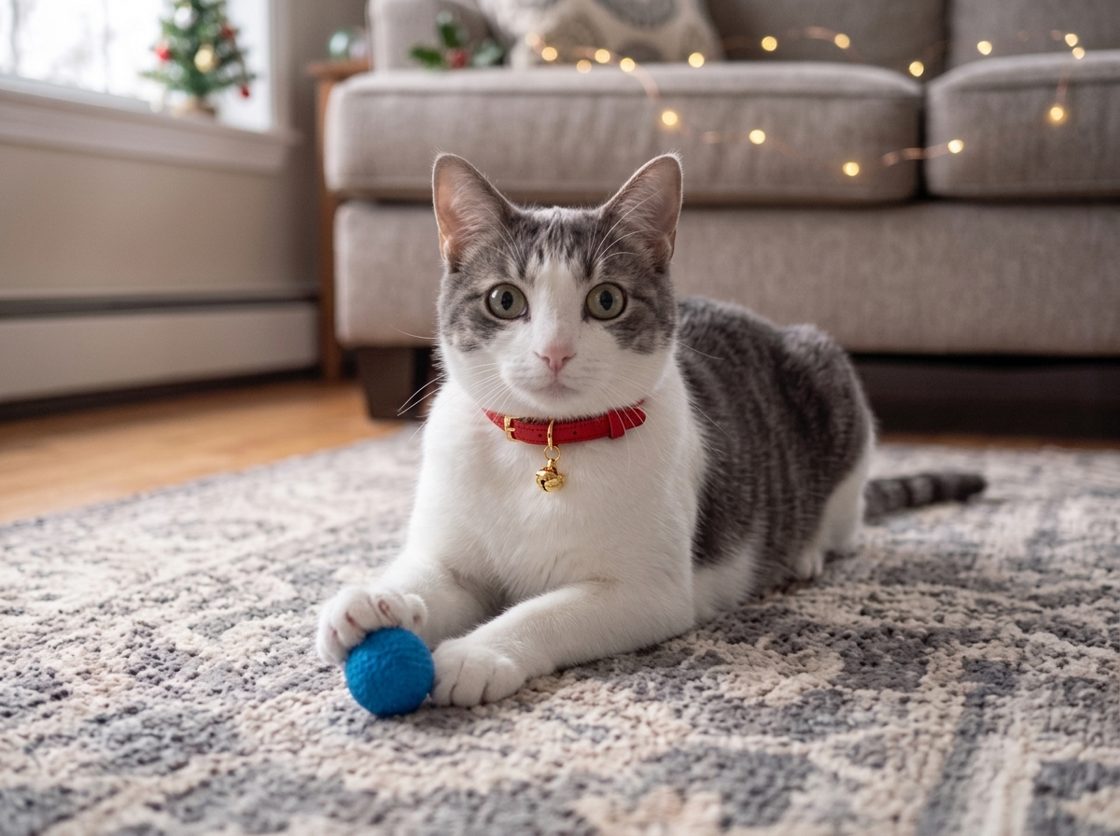 Ilustración con IA: gato con un collar navideño rojo o verde