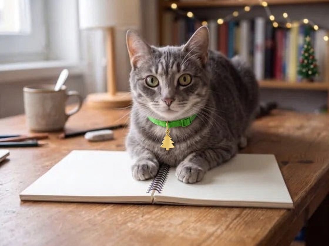 Ilustración con IA: gato con un collar navideño rojo o verde