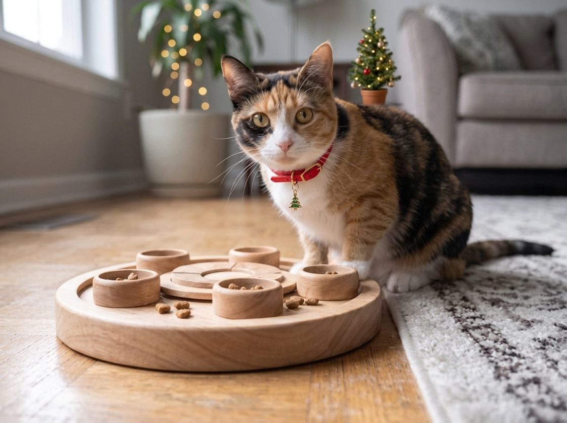 Ilustración con IA: gato con un collar navideño rojo o verde