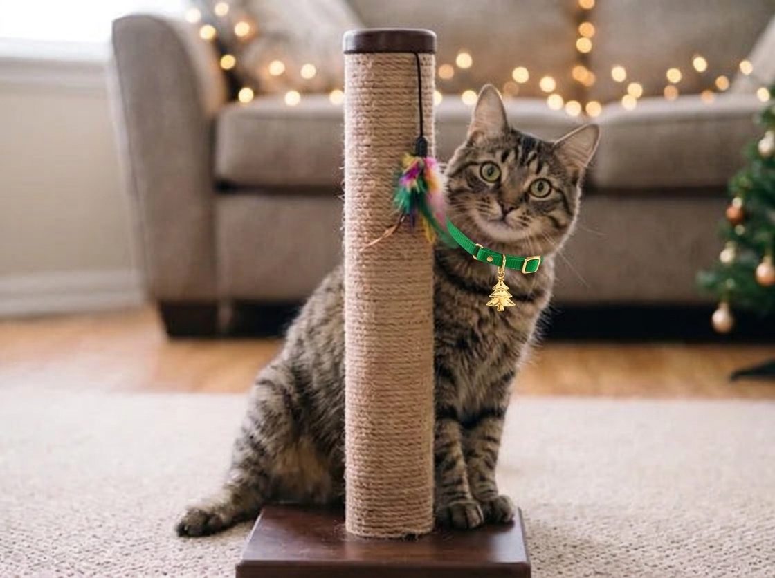 Ilustración con IA: gato con un collar navideño rojo o verde