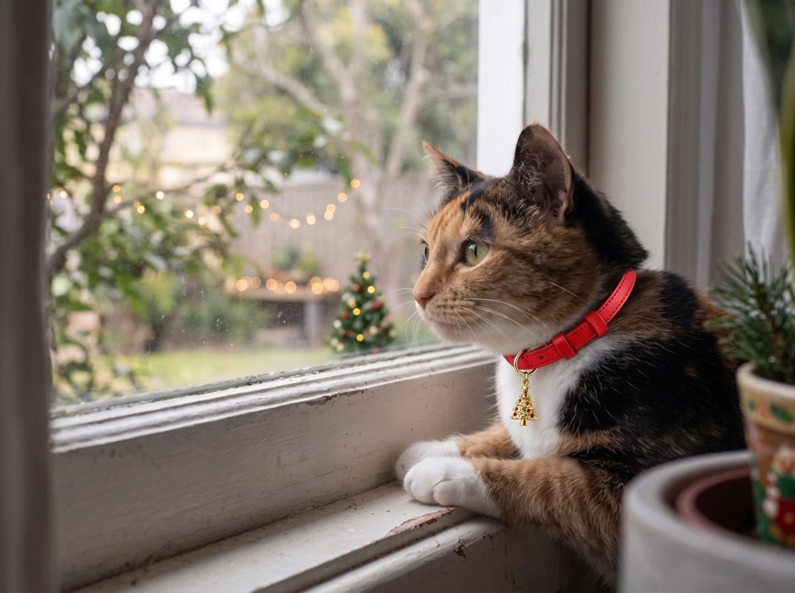 Ilustración con IA: gato con un collar navideño rojo o verde