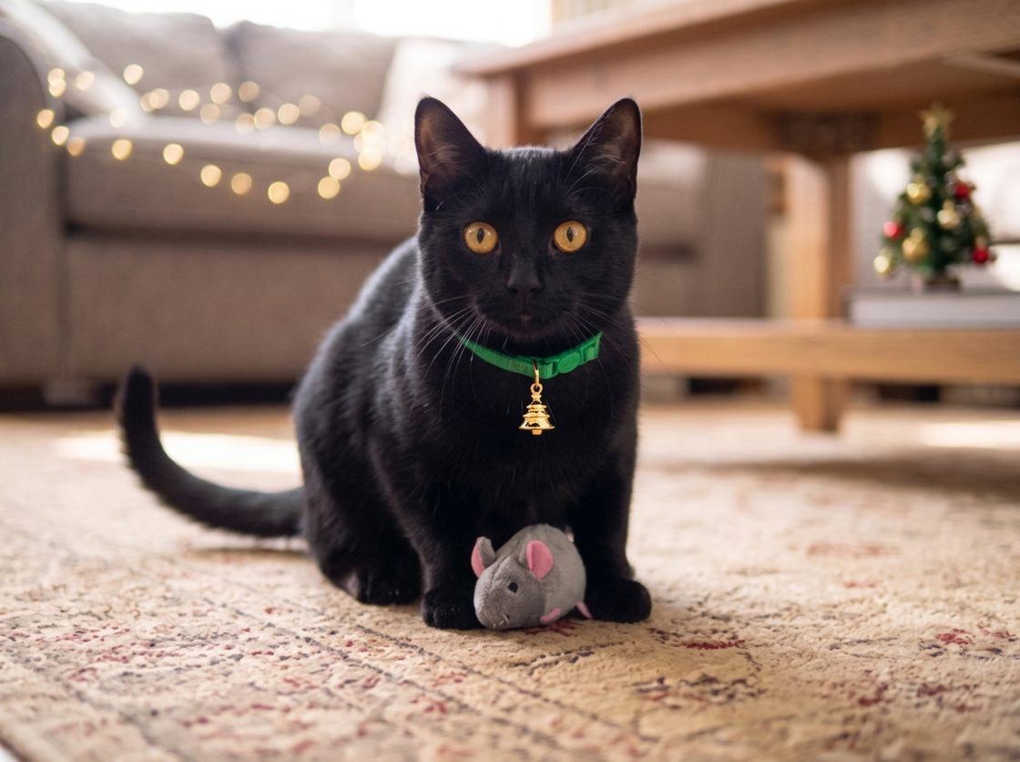 Ilustración con IA: gato con un collar navideño rojo o verde